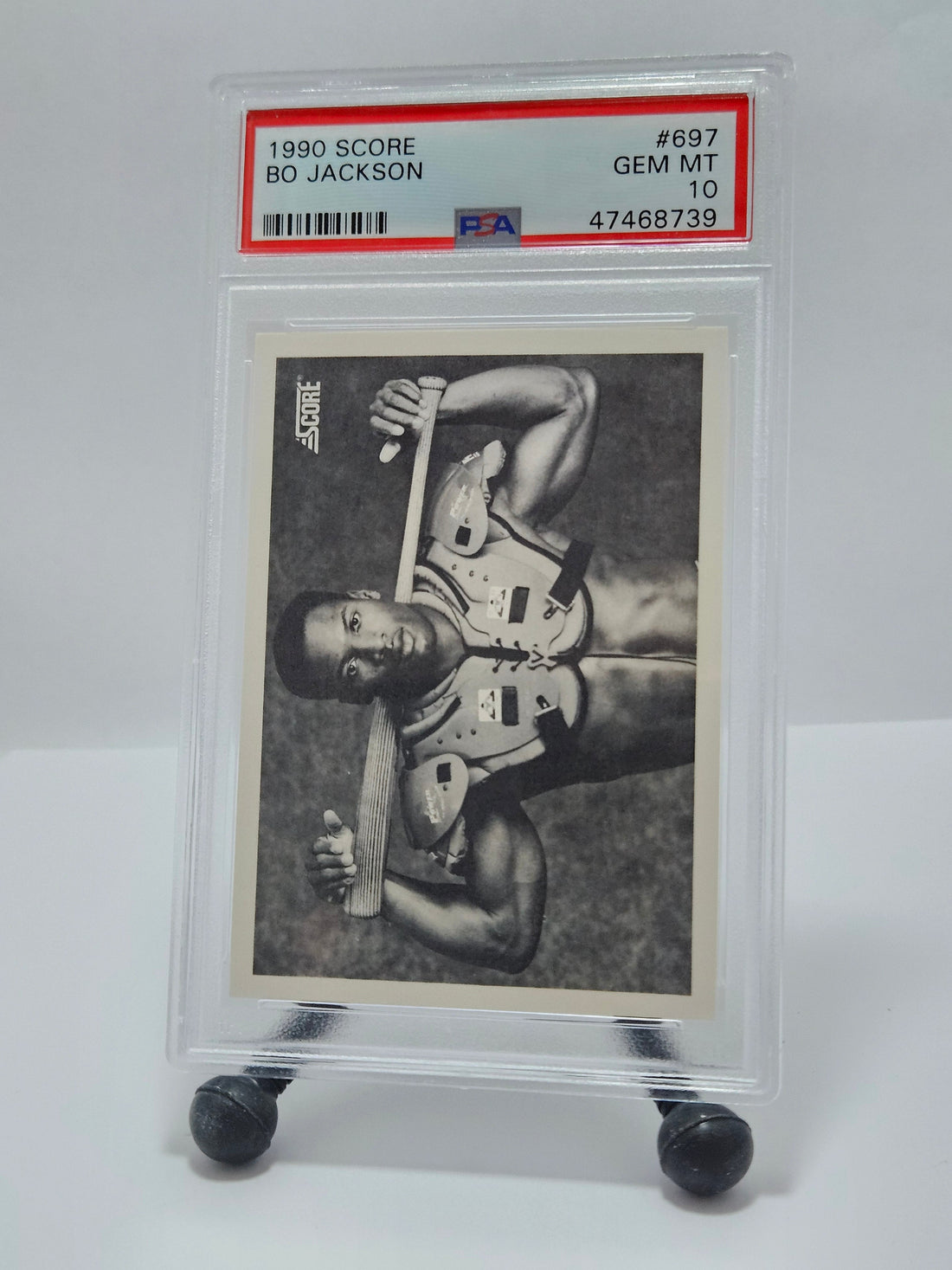 1990 Score Bo Jackson #697 PSA 10 Gem Mint sports card front - Bo Knows black and white photo