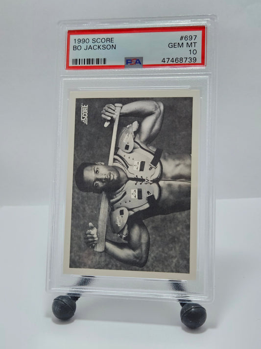 1990 Score Bo Jackson #697 PSA 10 Gem Mint sports card front - Bo Knows black and white photo