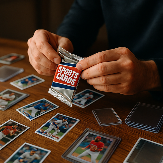 Image of a sports card collector opening a pack of sports cards with cards spread on the table in front of him.