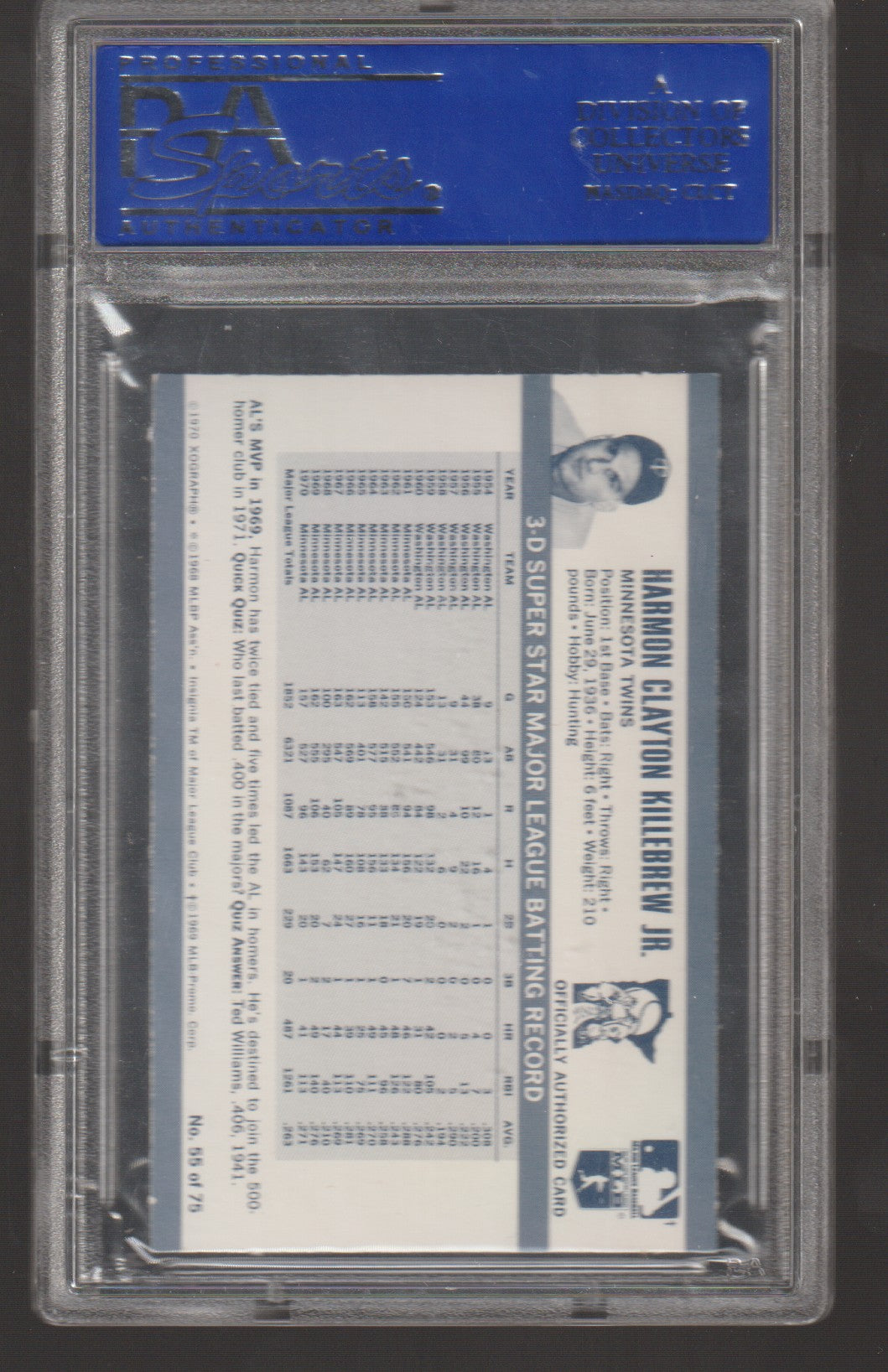Baseball trading card in a protective case with a blue label