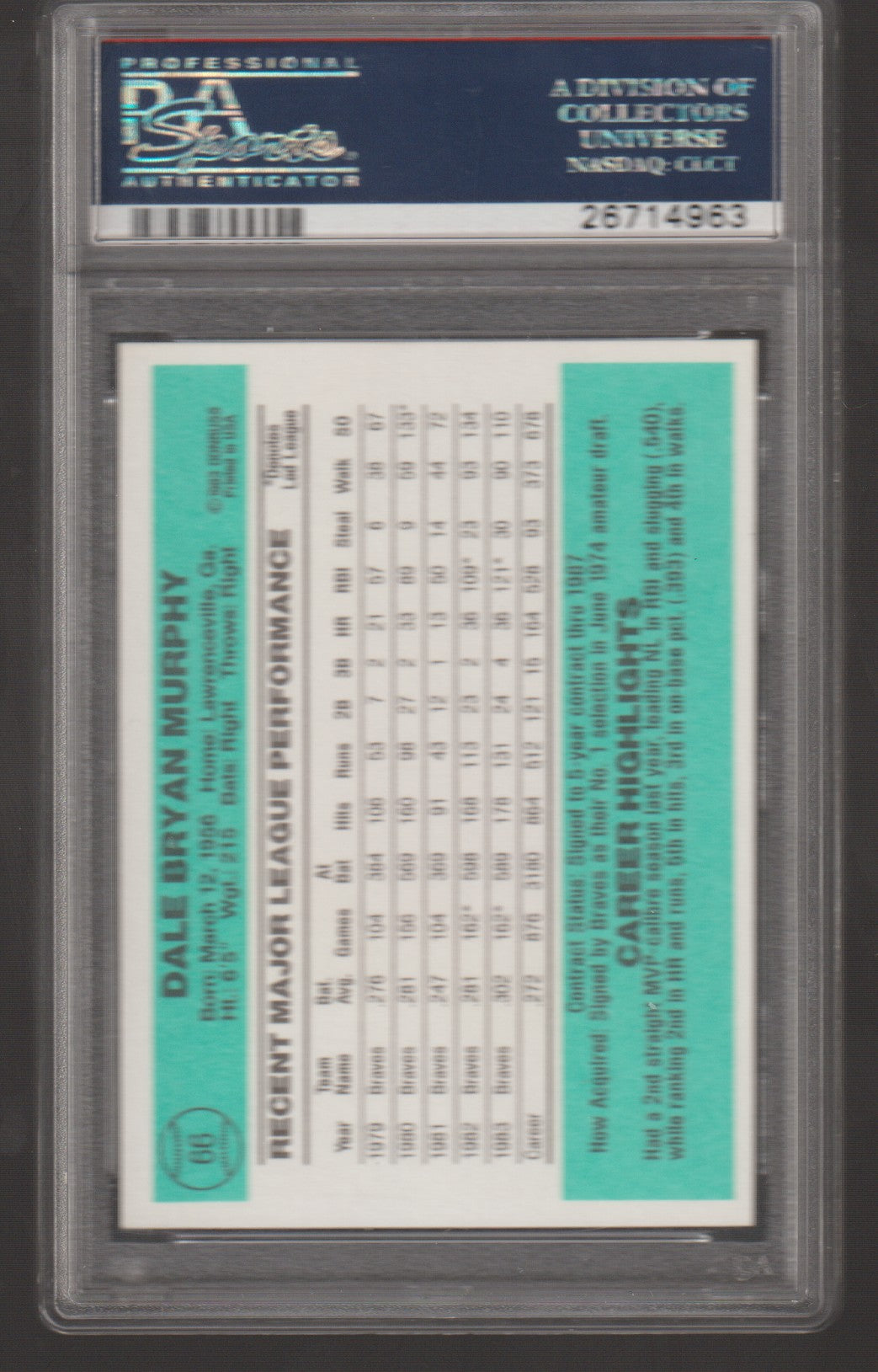 Trading card with player statistics in a protective case