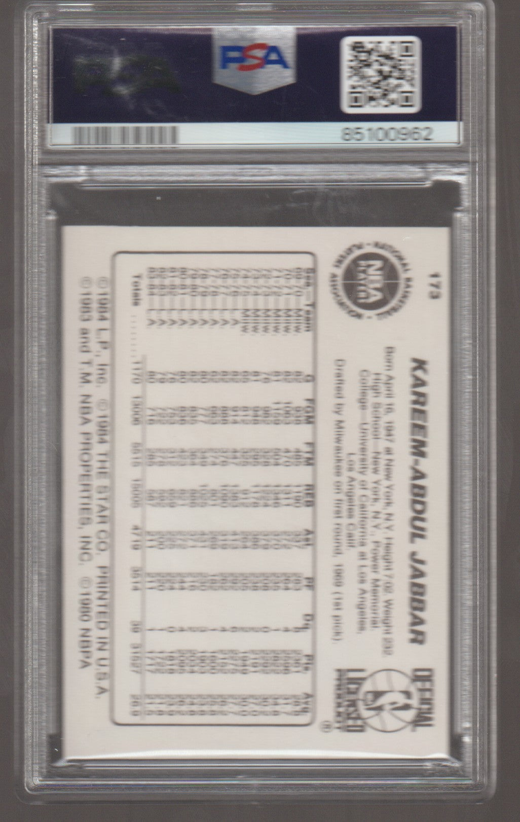 Back of a sports trading card with player statistics and branding