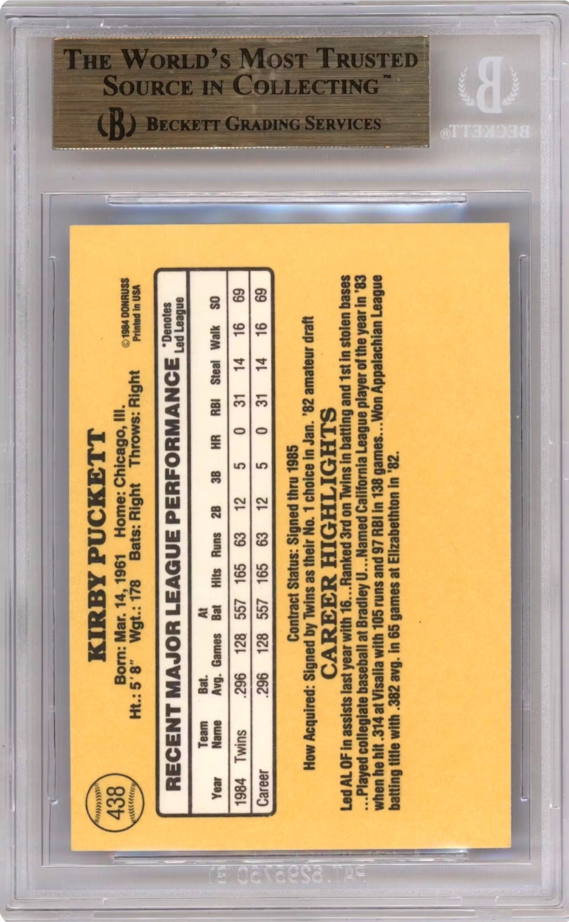 Vintage sports trading card with player statistics and Beckett Grading Services logo.