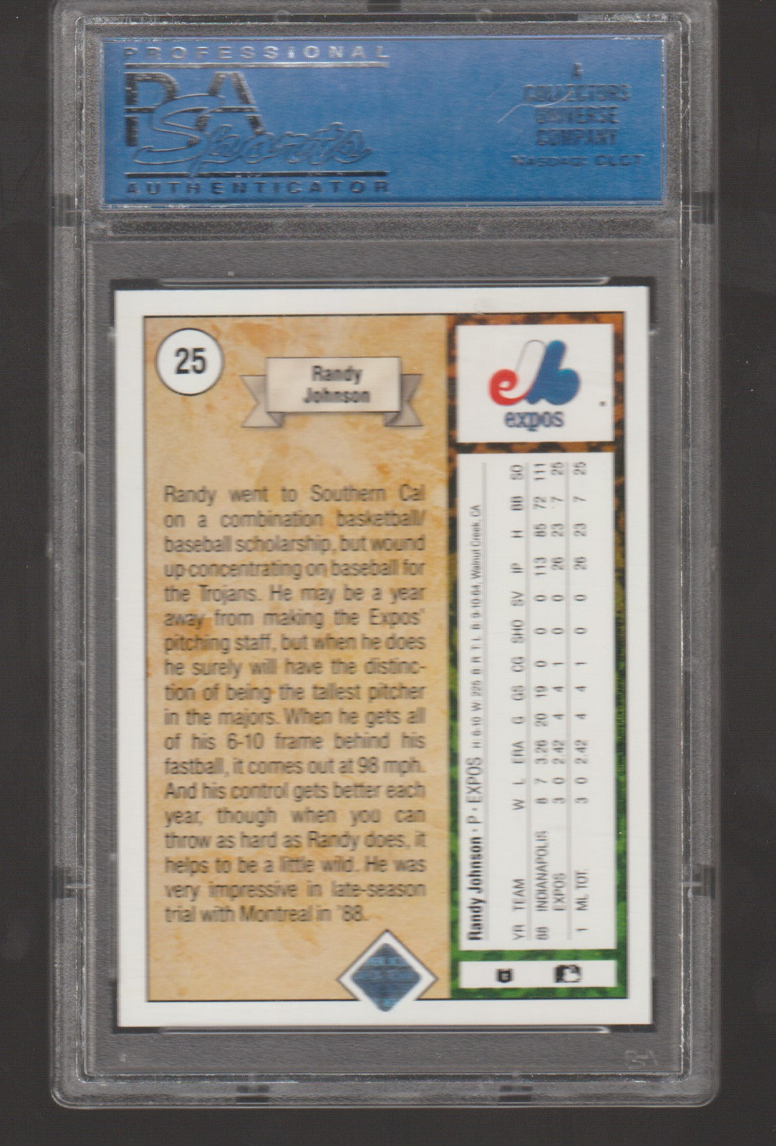 Baseball trading card of Randy Johnson in a protective case with PSA grading label