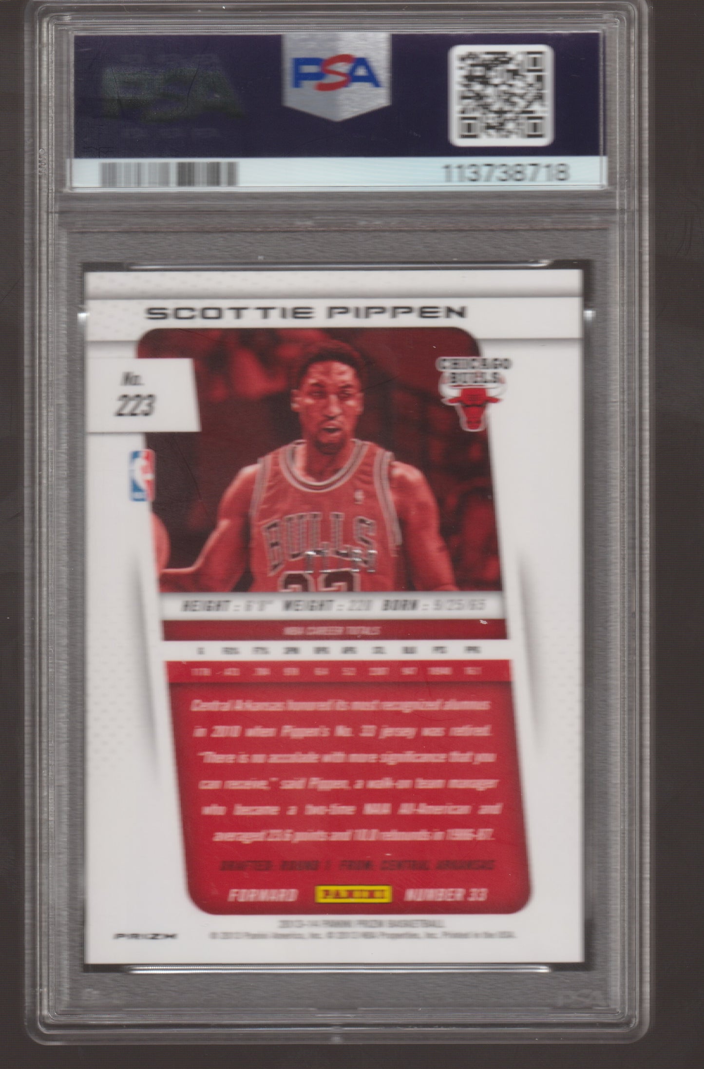 Basketball trading card of Scottie Pippen in a protective case with PSA logo.