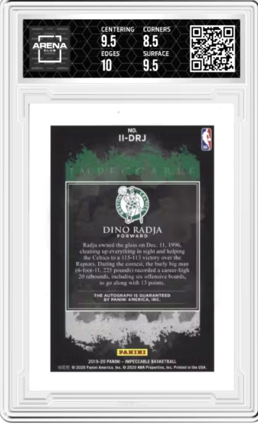Basketball trading card with player information and grading details on a white background
