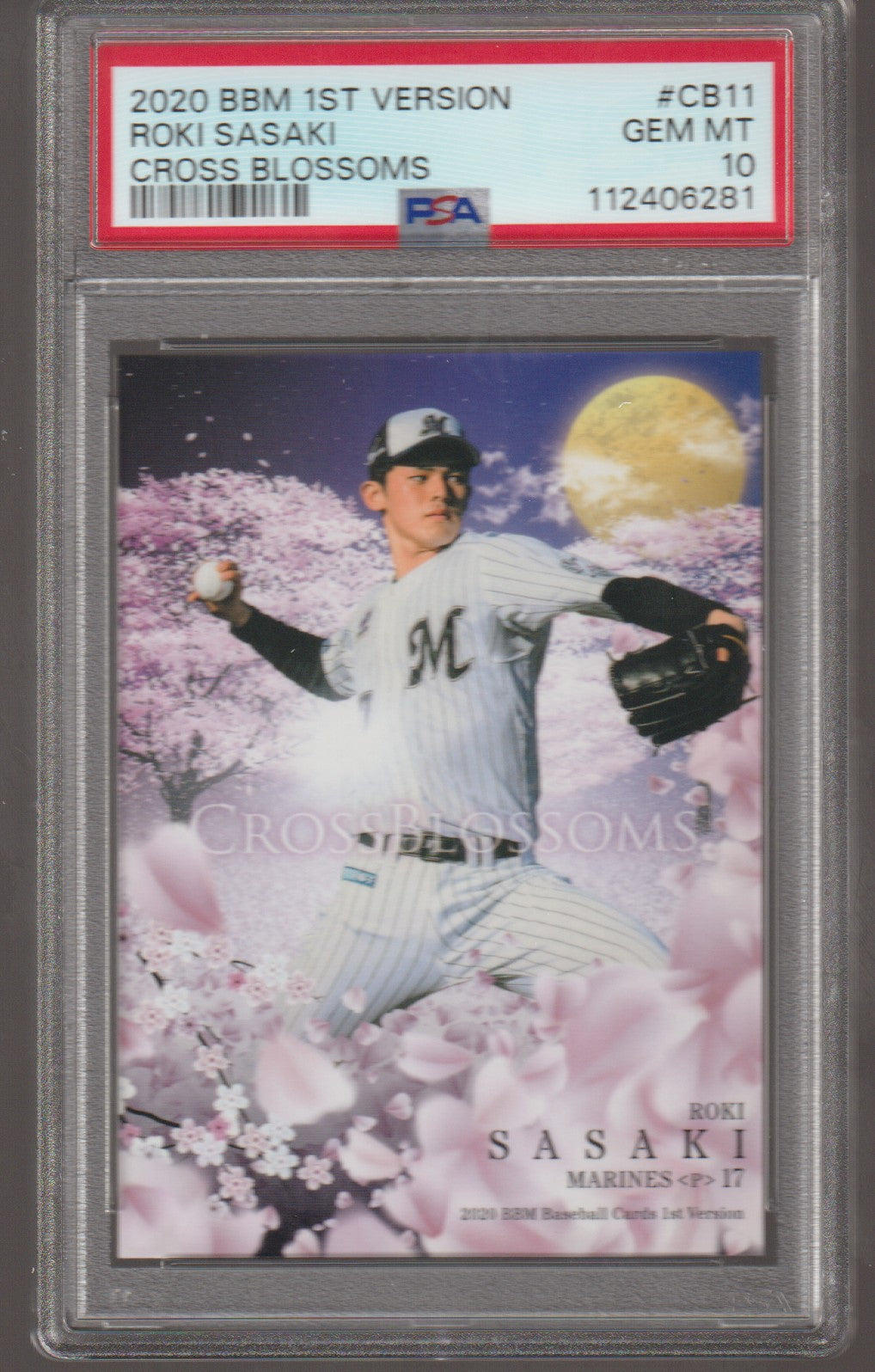 Baseball trading card of Roki Sasaki with a 'Cross Blossoms' design, graded by PSA.