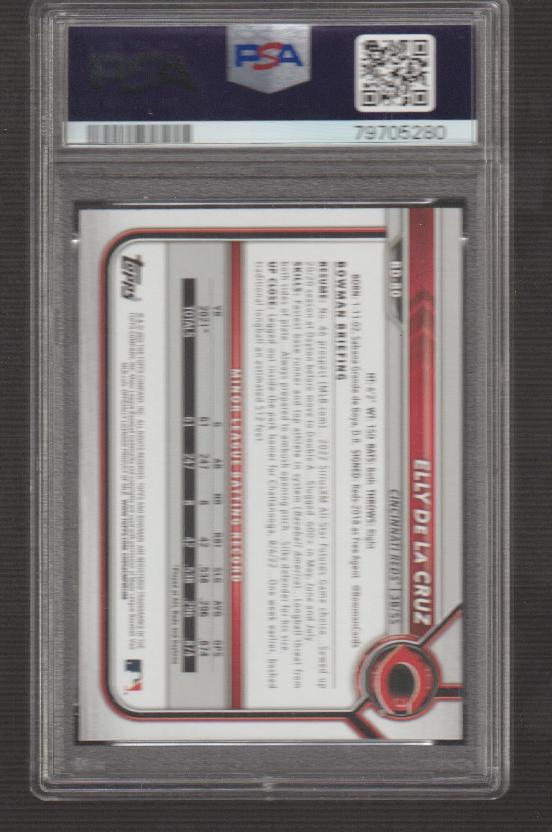 Trading card in a protective case with a PSA logo on a dark background