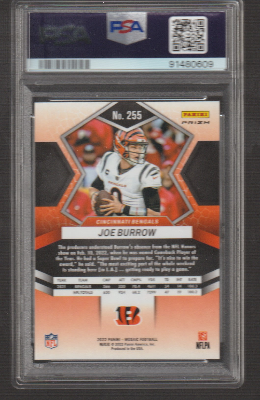 Football trading card of Joe Burrow with FSA and Panini logos on a clear protective case.