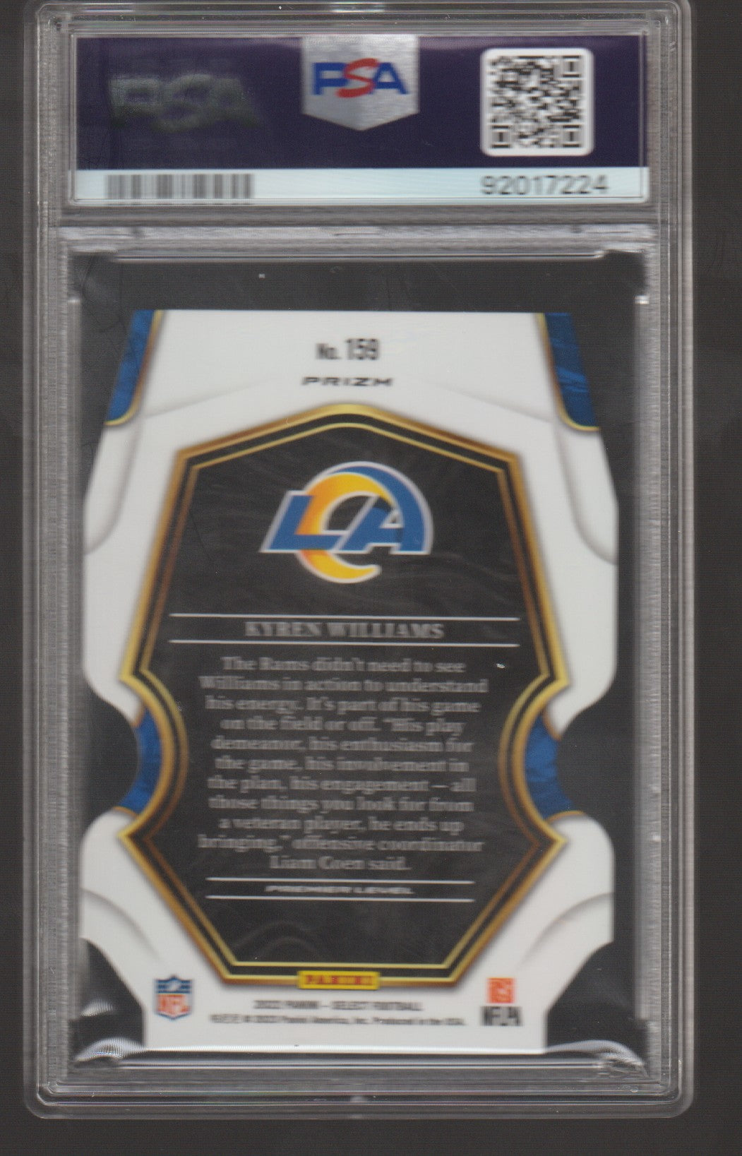 Trading card with LA Rams logo and player information, featuring a PSA grading label.