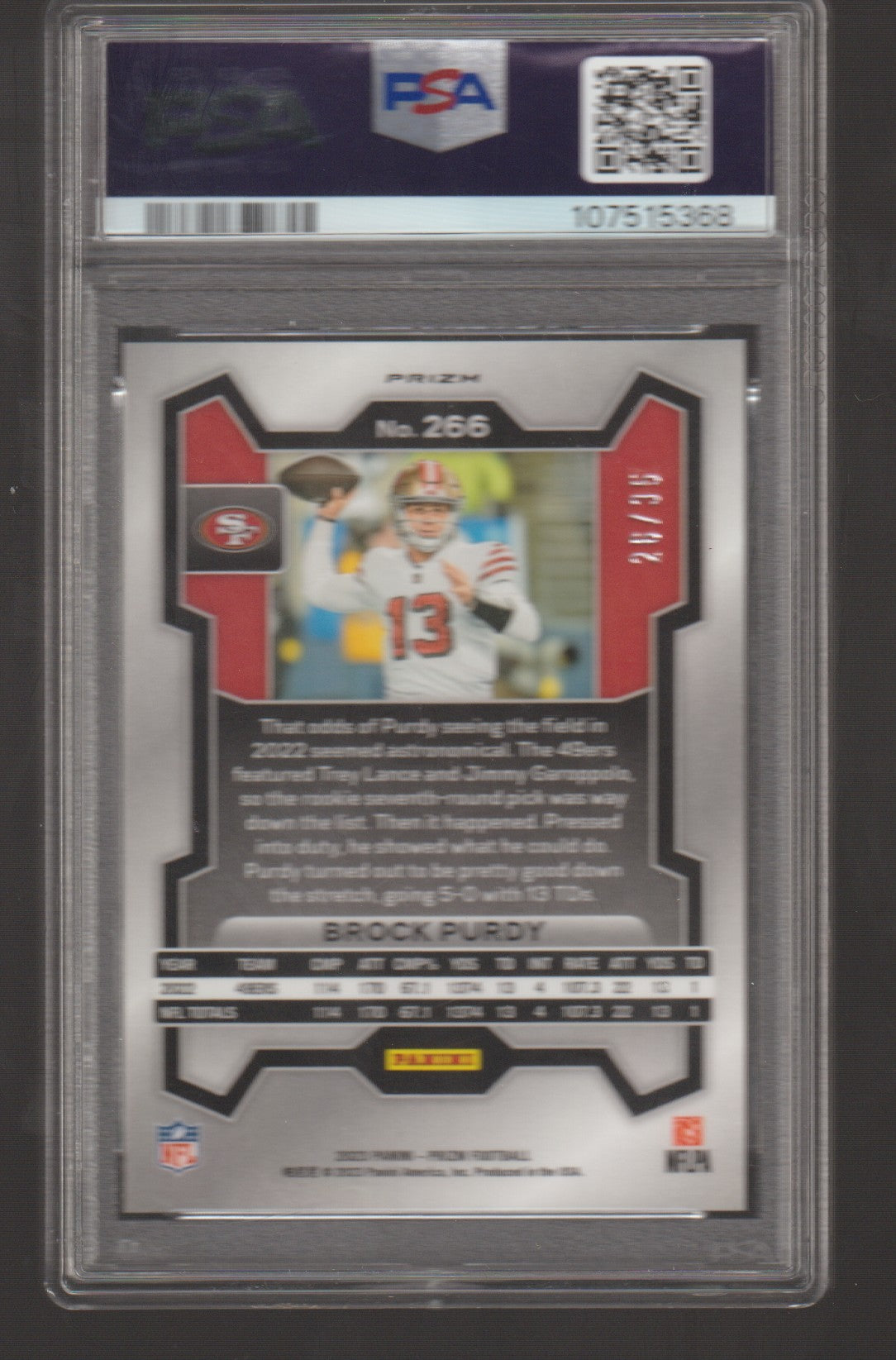 Trading card of Brock Purdy with San Francisco 49ers logo, encased in a protective holder with PSA grading information.