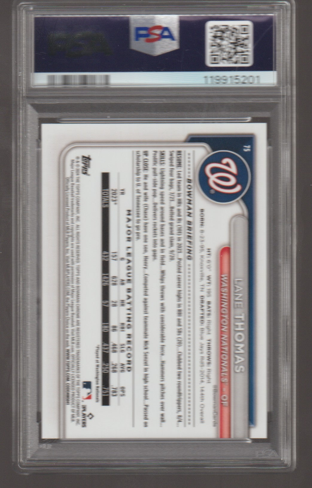 Baseball trading card with player information and team logo, framed by a protective case.