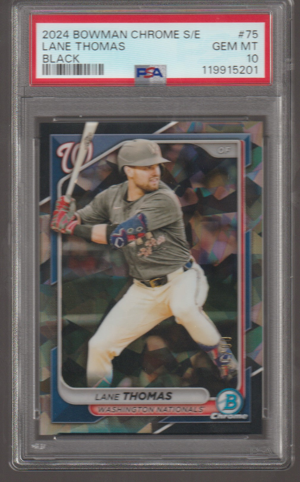 Baseball trading card of Lane Thomas in a protective case with a red label.