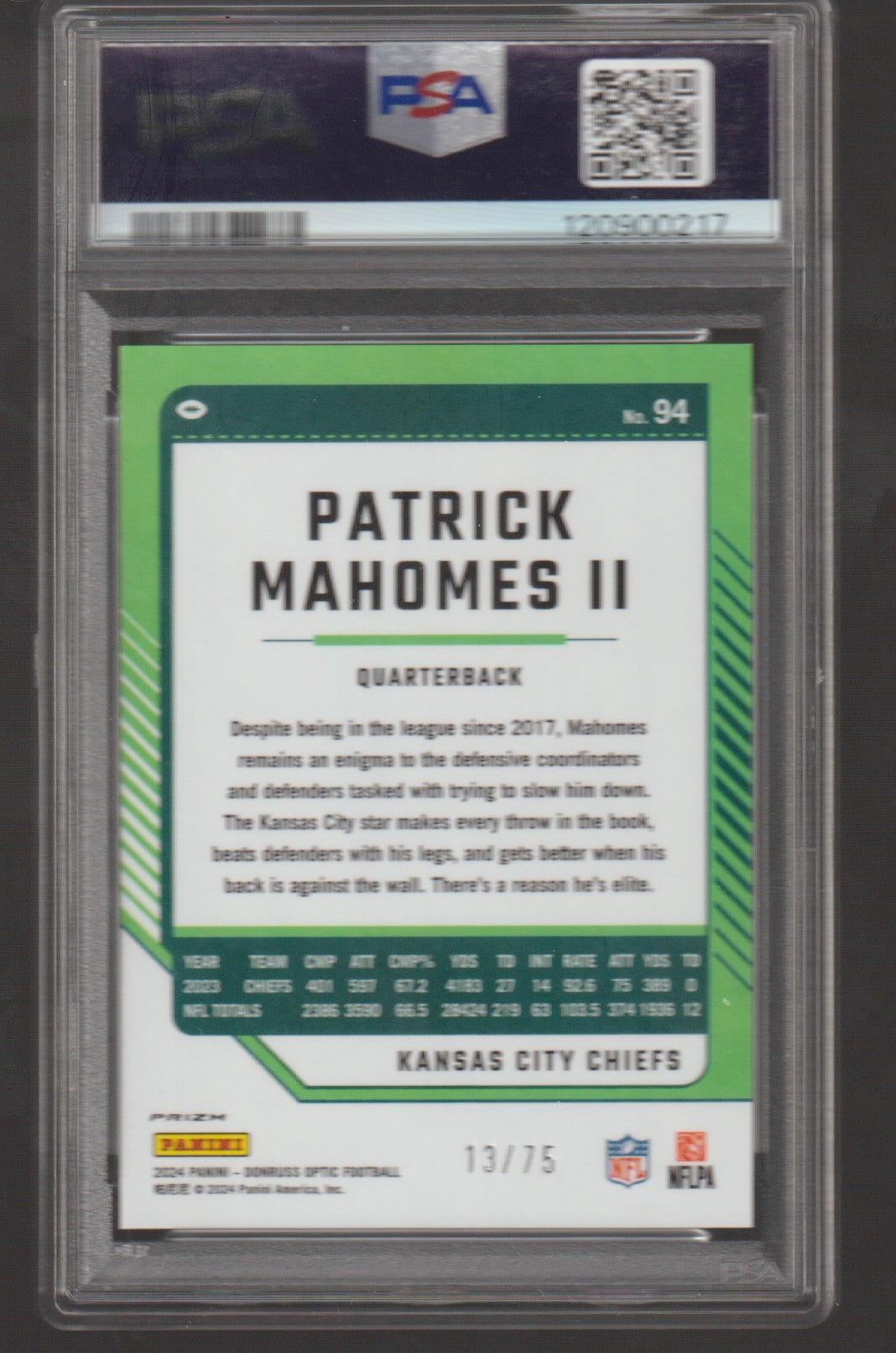 Trading card of Patrick Mahomes II with NFL and PSA logos.