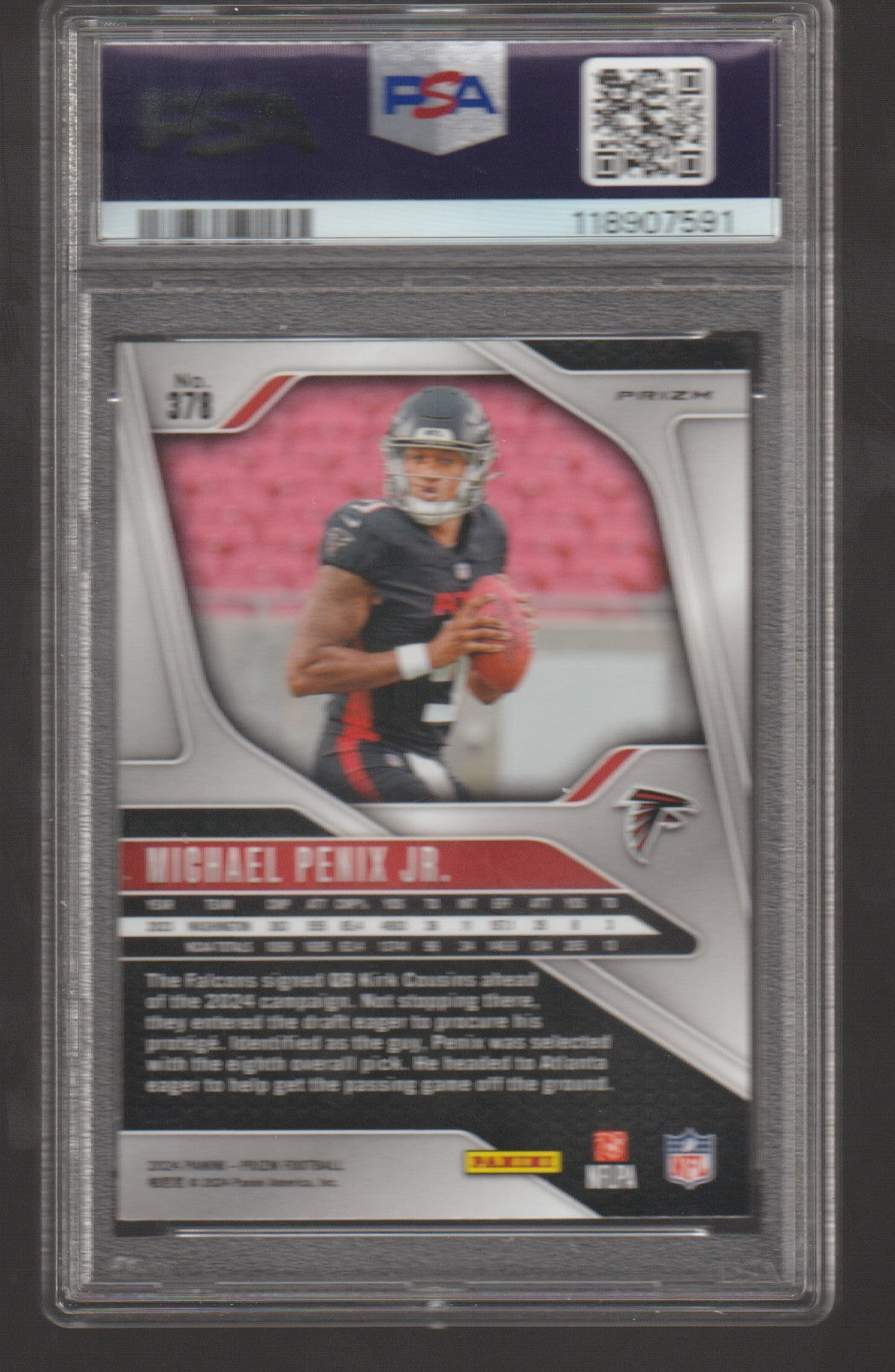 Trading card of Michael Penix Jr. in a protective case with PSA grading label