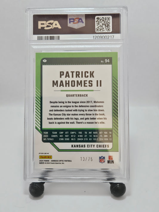 2024 Donruss Optic #94 Patrick Mahomes II Electricity Prizm /75 PSA 10 Gem Mint POP 8 – Kansas City Chiefs