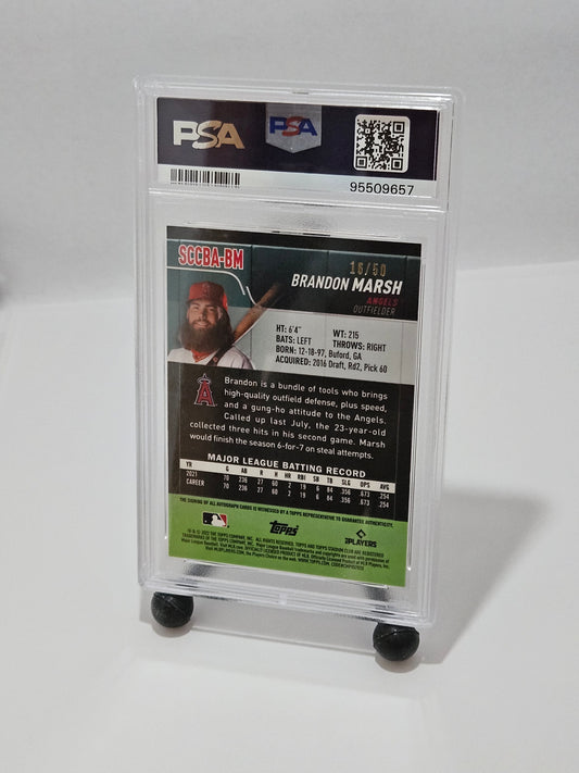 Baseball trading card in a protective case with PSA grading label on a white background