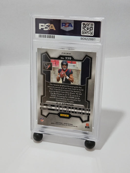 Trading card in a protective case with PSA logo on a white background