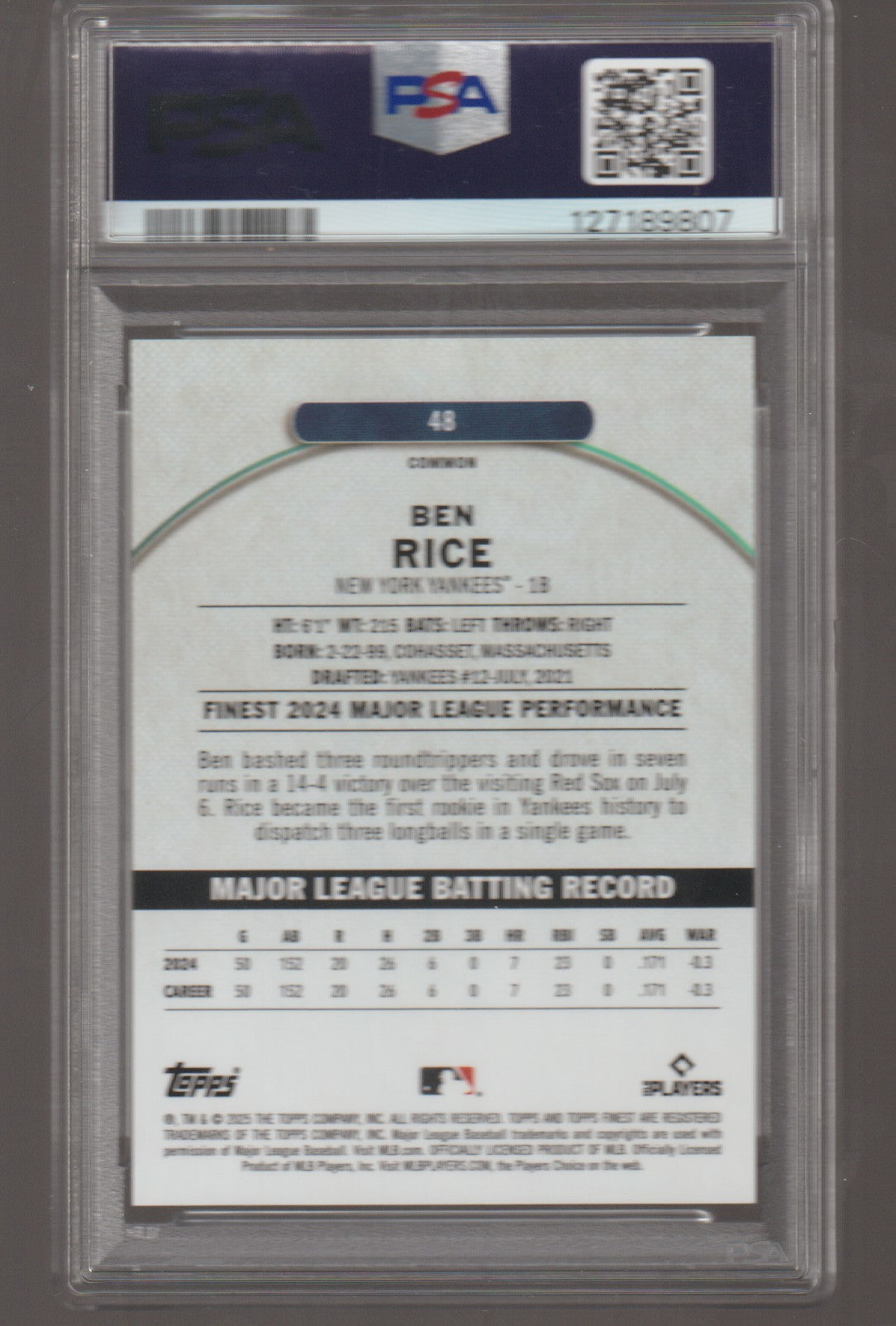 Baseball trading card with player information and grading details in a protective case.
