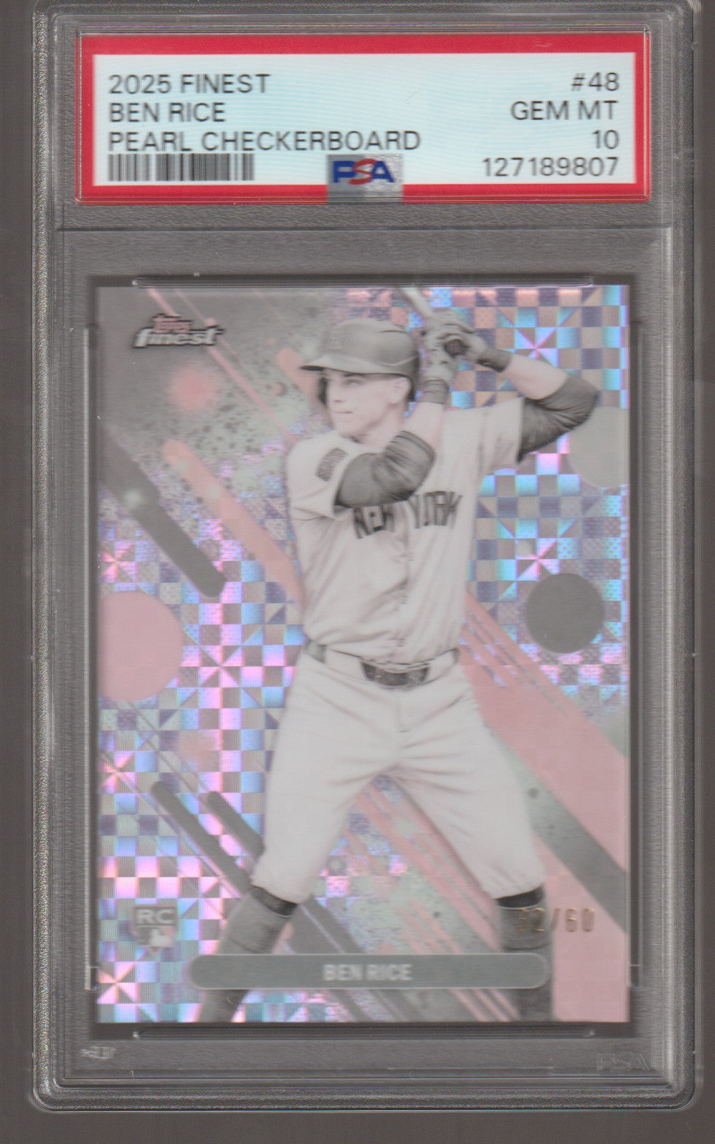 Baseball trading card of Ben Rice with a colorful checkered border, graded by PSA.