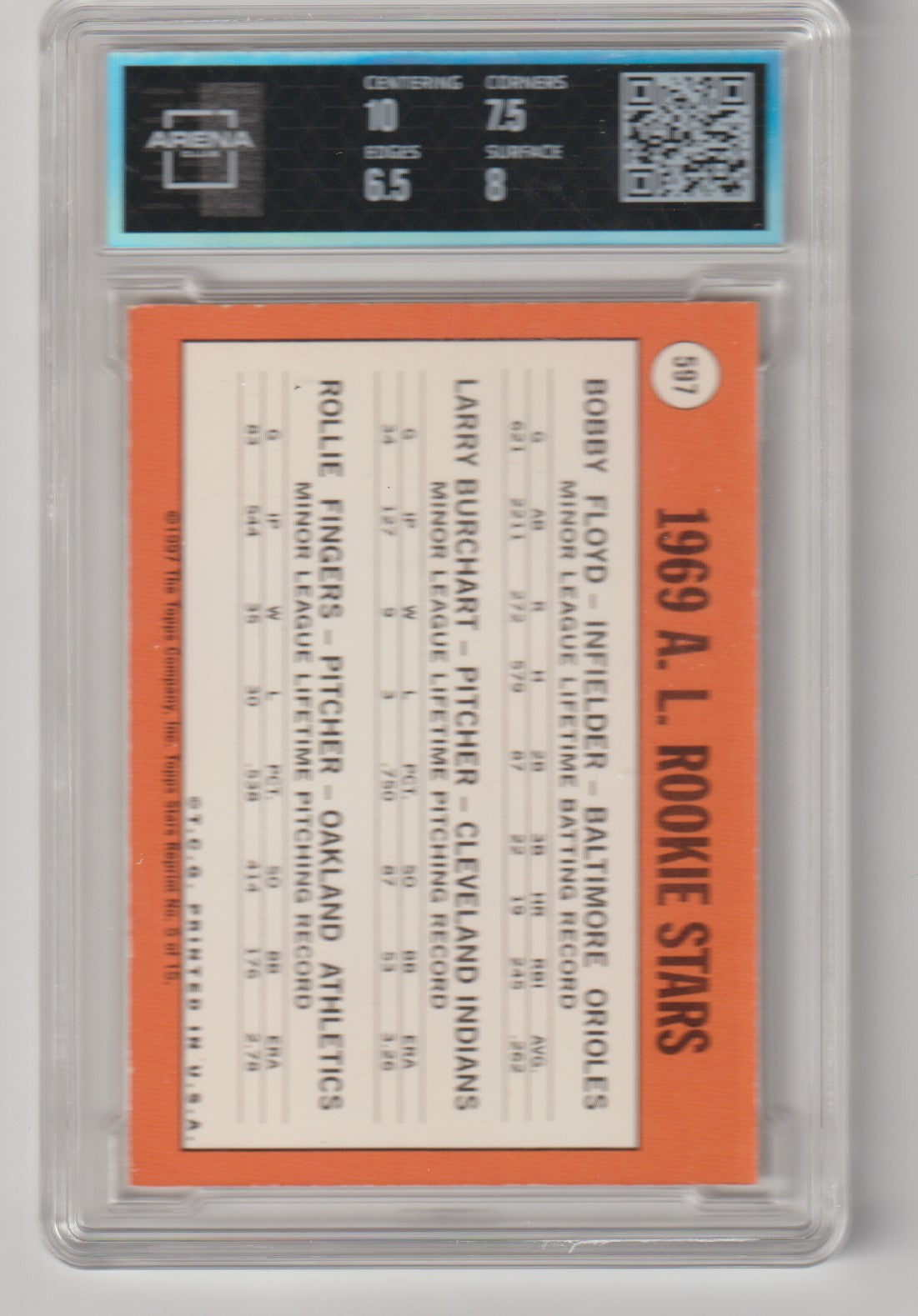 Baseball trading card from 1969 featuring Bobby Feller and Larry Burchard, graded by a sports memorabilia grading service.