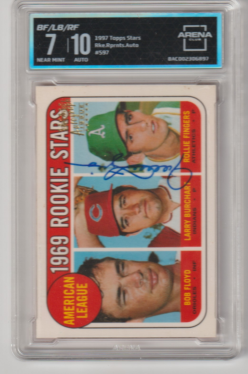 1969 Topps Rookie Stars baseball card with autographs, graded by Arena, on a white background.