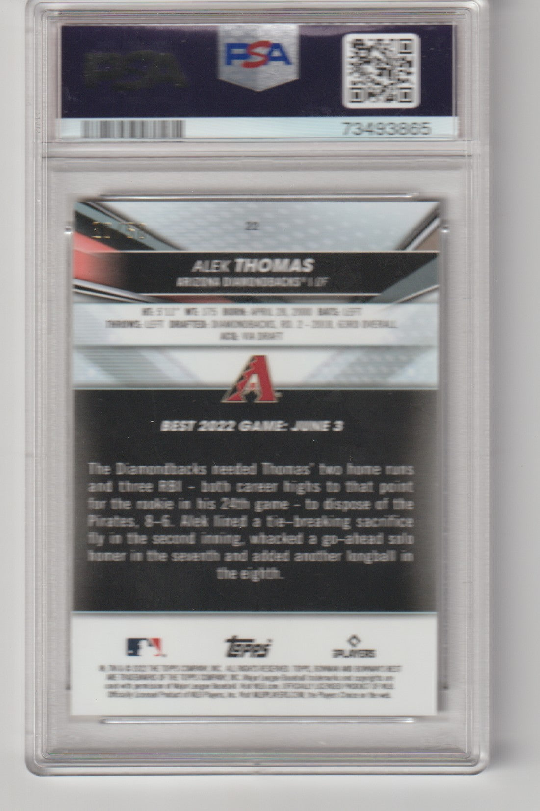 Baseball trading card in a protective case with branding and text