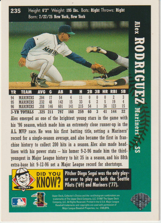 Baseball trading card of Alex Rodriguez with player information and statistics on a green border.