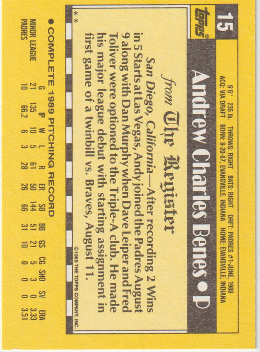 Baseball trading card back with player information and statistics on a yellow background