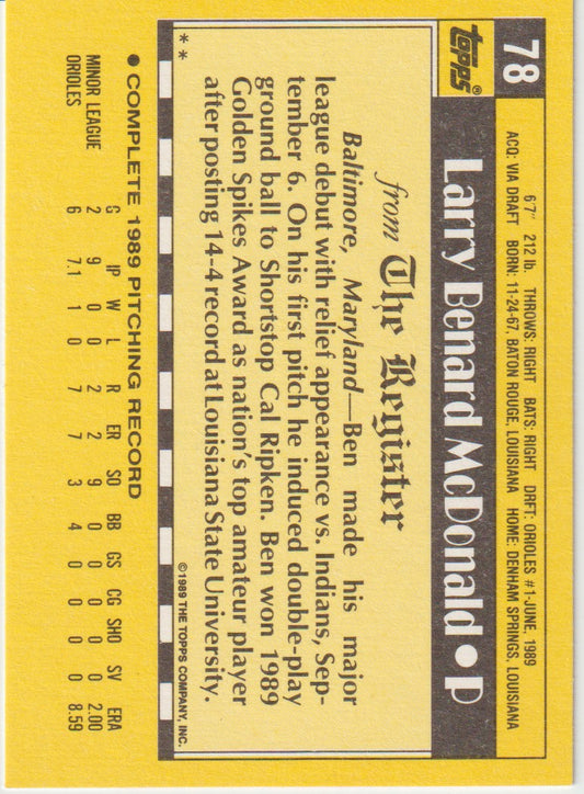 Baseball card of Larry Bernard McDonald with a yellow border and black text.