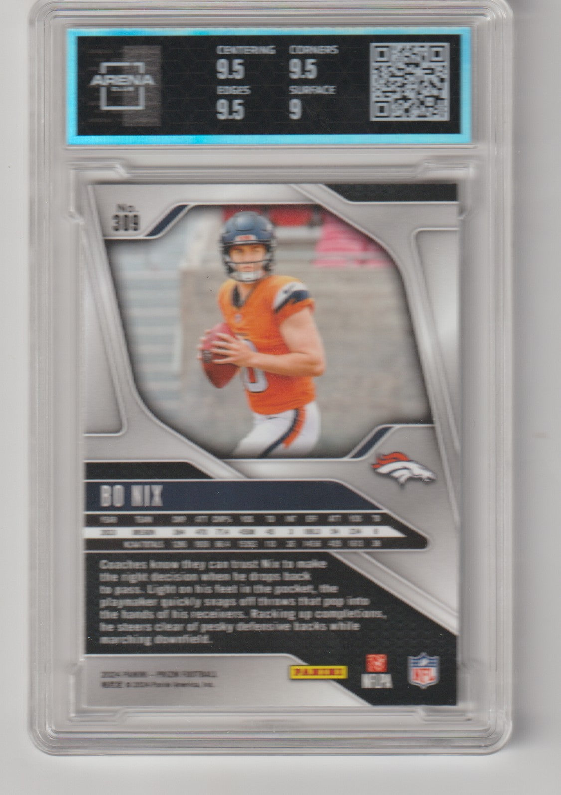 Trading card of a football player in a protective case with grading information.