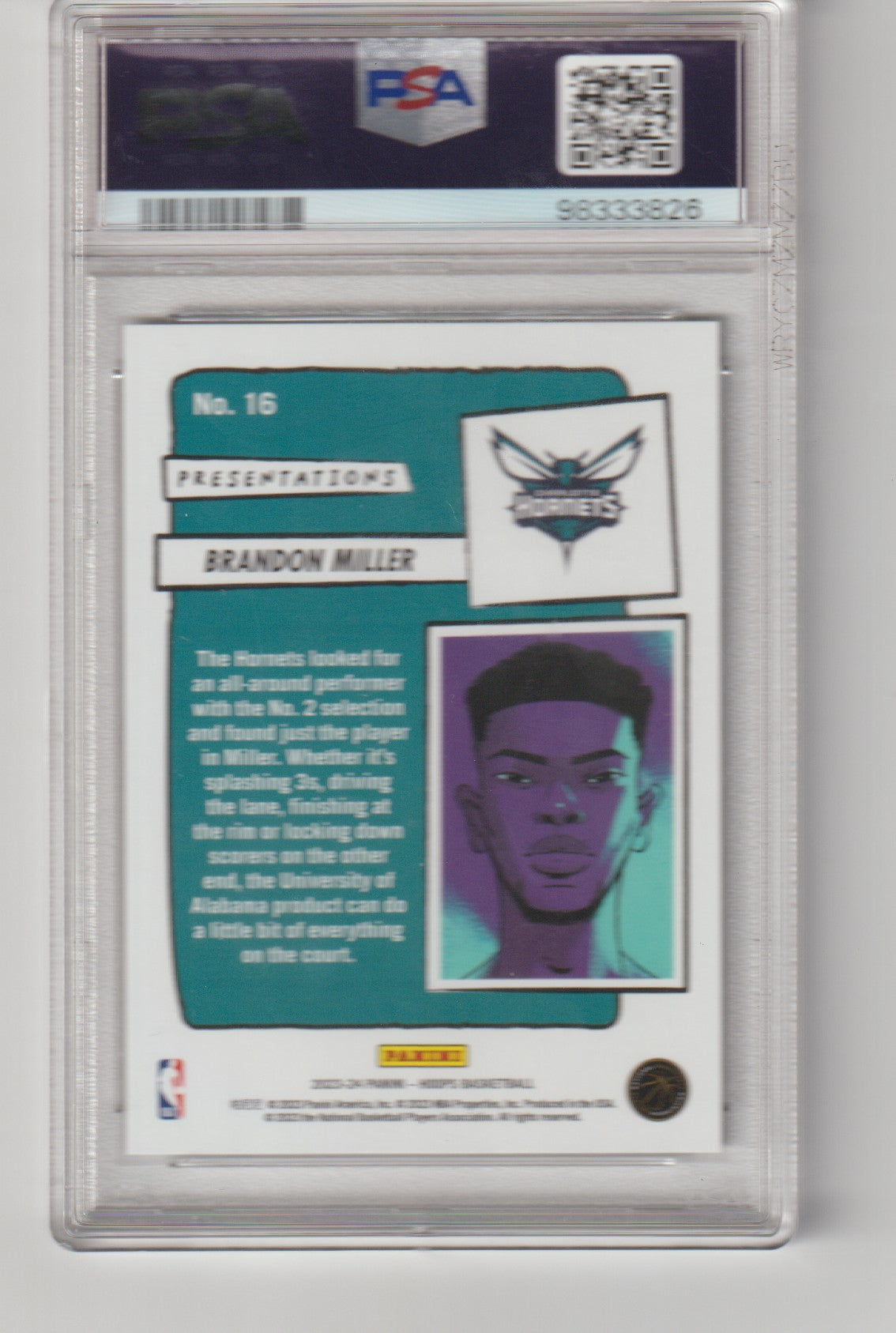 Basketball trading card of Brandon Miller with a purple and teal design, graded by PSA.