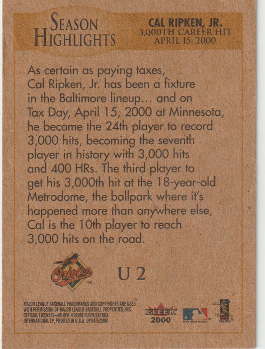 Card with text about Cal Ripken Jr.'s 3,000th career hit on a brown background