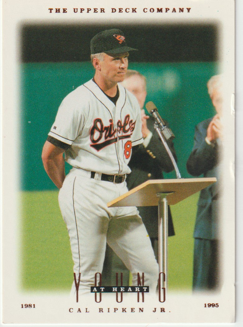 Baseball card of Cal Ripken Jr. in Orioles uniform at a podium, with 'The Upper Deck Company' branding.