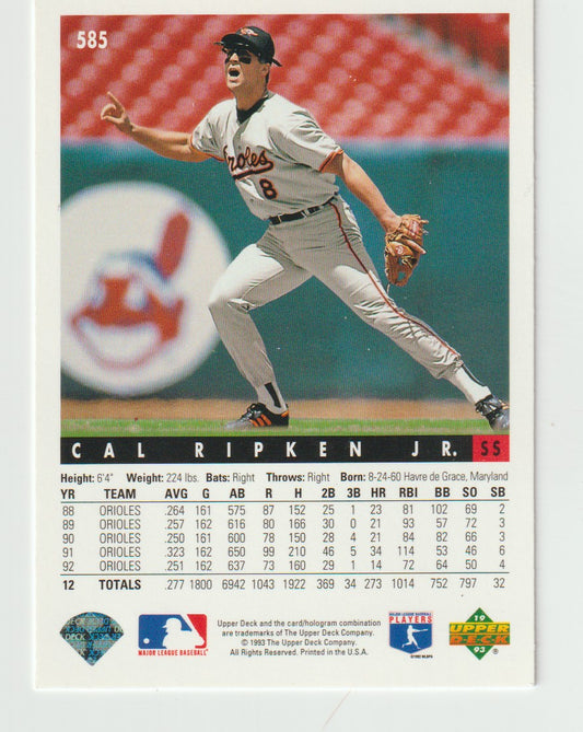 Baseball trading card of Cal Ripken Jr. with player statistics and team logos.