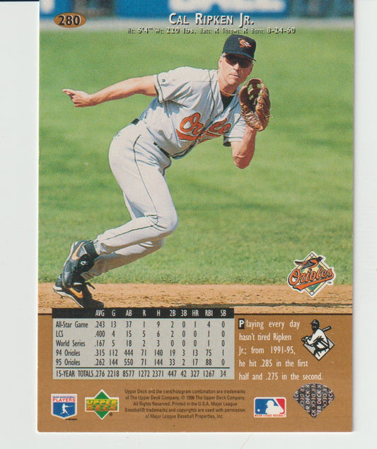 Baseball trading card of Cal Ripken Jr. in action on a field