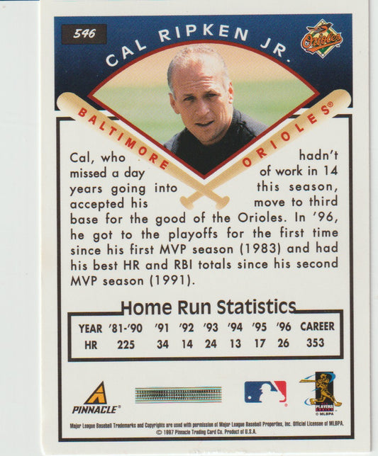 Baseball trading card of Cal Ripken Jr. with text and statistics on a white background