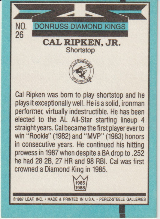 Baseball trading card featuring Cal Ripken, Jr. with text and Donruss Diamond Kings branding.