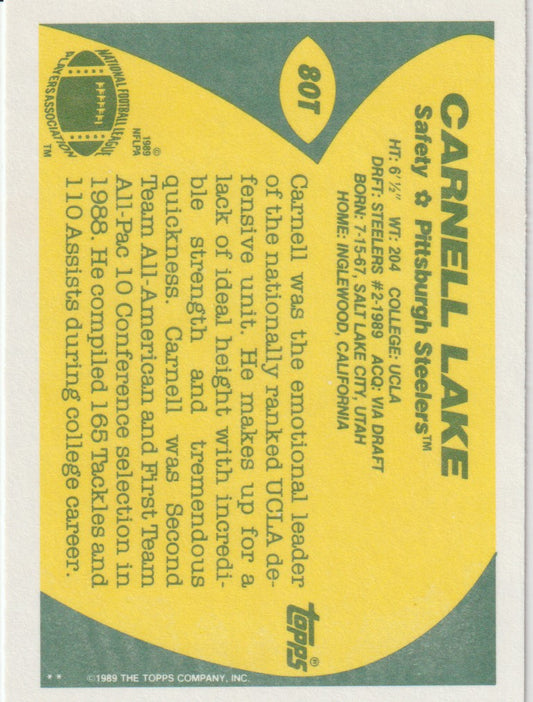 Vintage sports trading card for Carnell Lake of the Pittsburgh Steelers with text and logo.