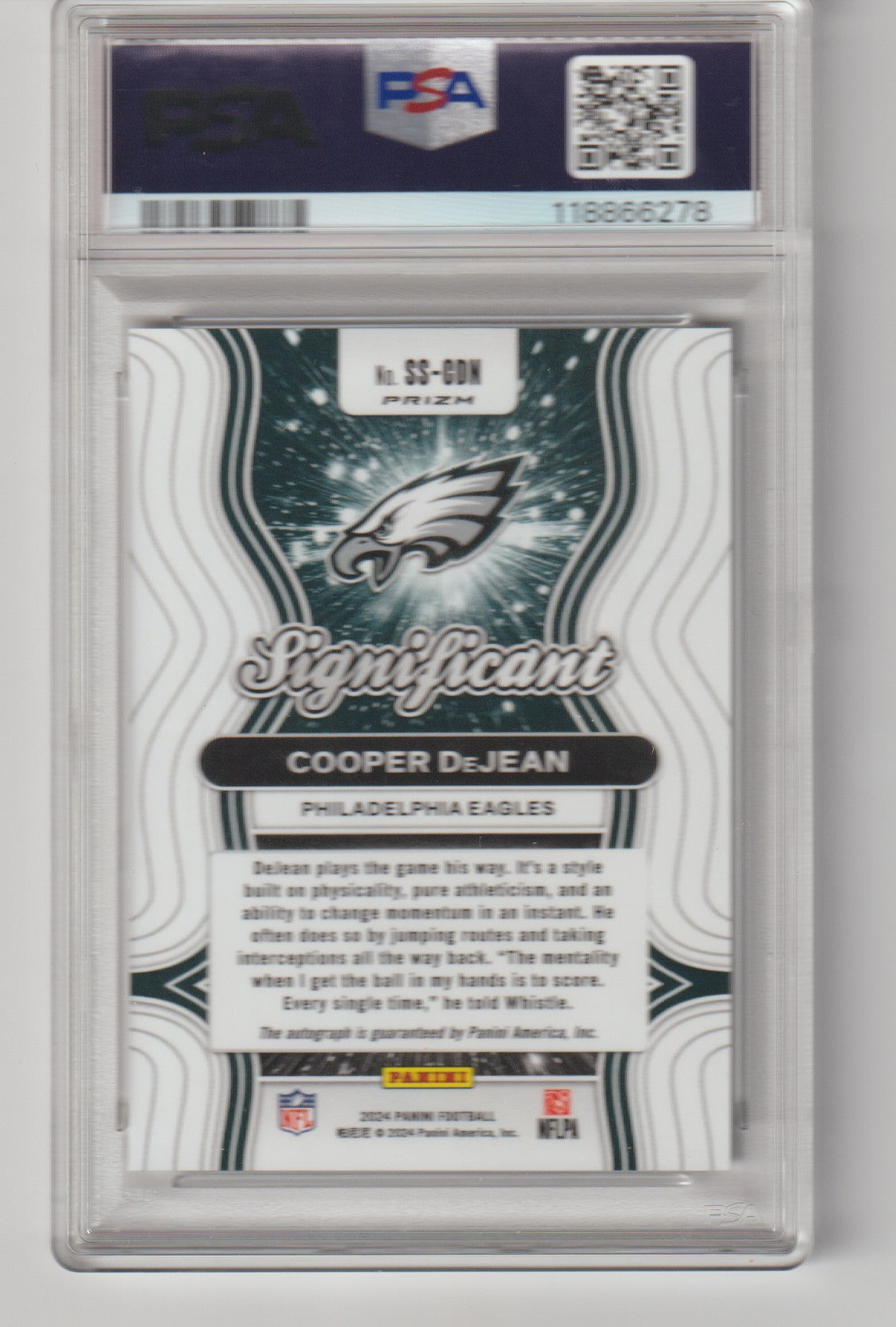 Trading card of Cooper DeJean with Philadelphia Eagles logo, encased in a PSA holder.