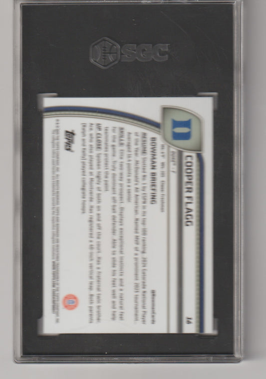 Trading card in a protective sleeve with a visible brand logo on a dark background