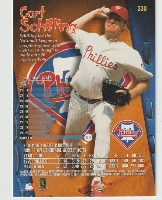 Baseball trading card of Curt Schilling in a Phillies uniform with statistics and logos.