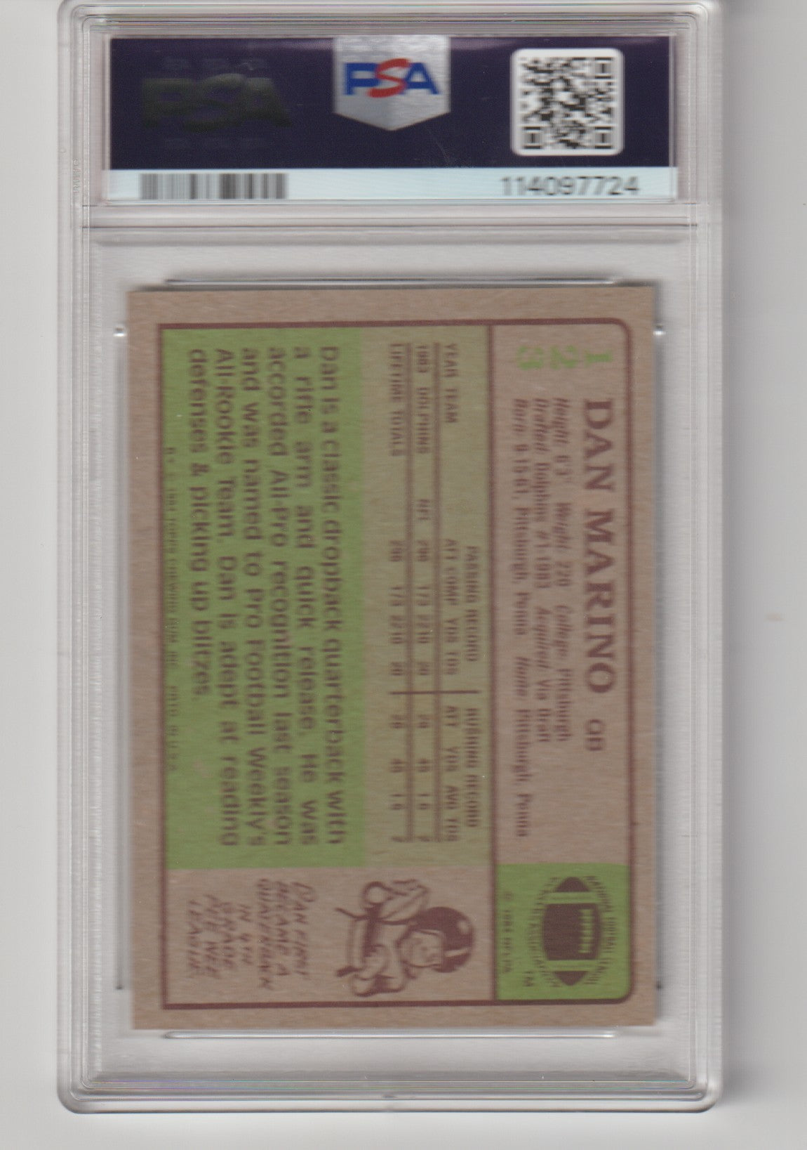Trading card of Dan Marino with PSA grading label
