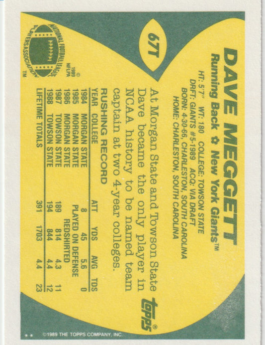 Back of a sports trading card featuring Dave Meggett with text and logos.