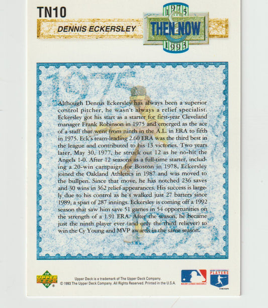 Baseball trading card featuring Dennis Eckersley with text and branding elements.