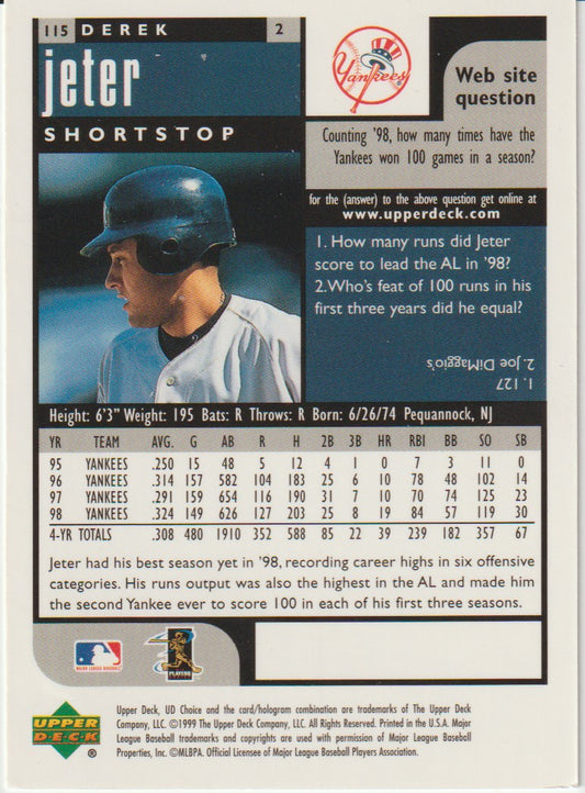 Baseball trading card of Derek Jeter with player information and statistics.