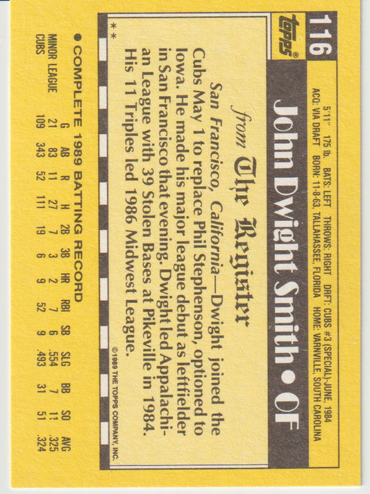 Baseball trading card for John Dwight Smith with yellow border and black text