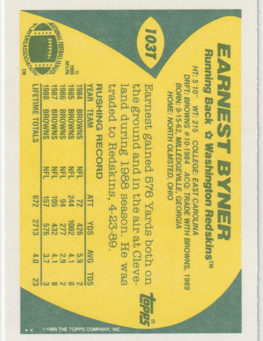 Vintage sports trading card featuring Earnest Byner of the Washington Redskins with player statistics on a yellow and green background.