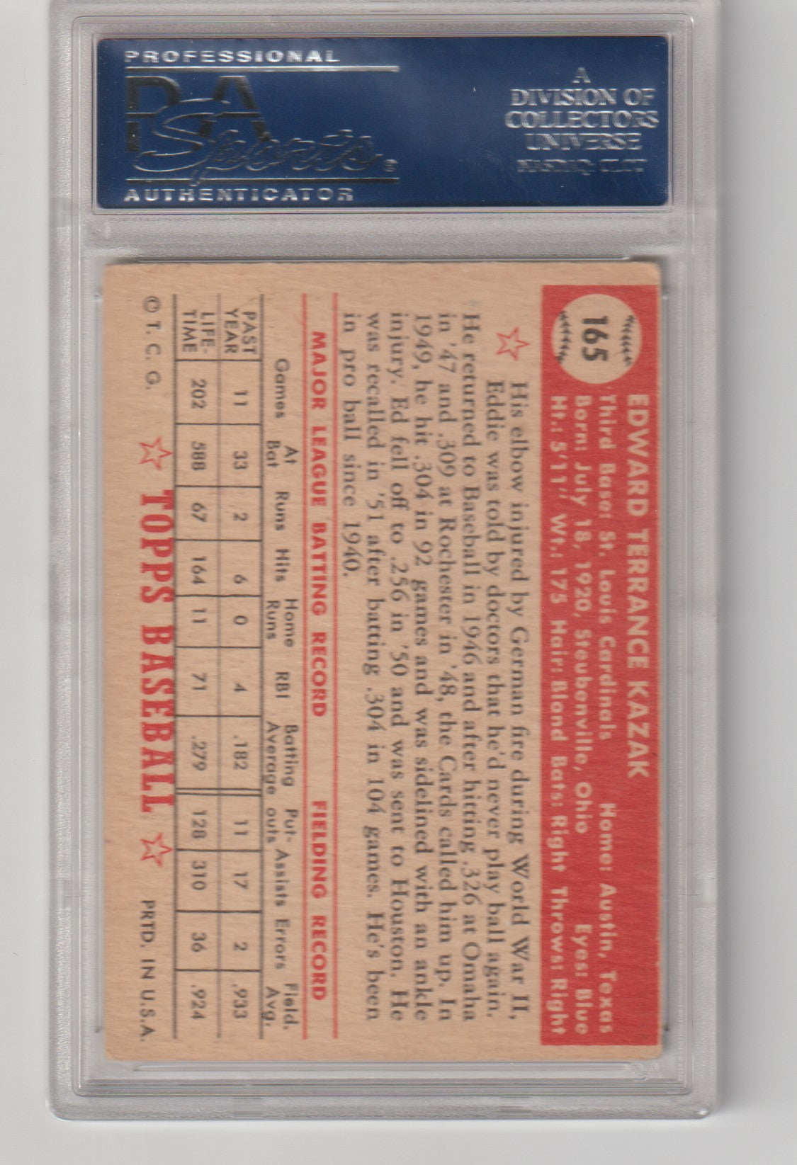 Baseball card with player information and statistics in a protective case