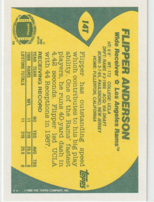 Baseball card back featuring Flipper Anderson of the Los Angeles Rams with text and statistics.